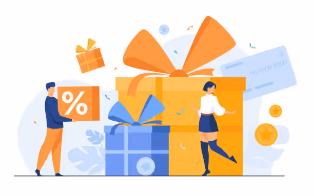 A male and female customer satisfied with gifts and discount offerings