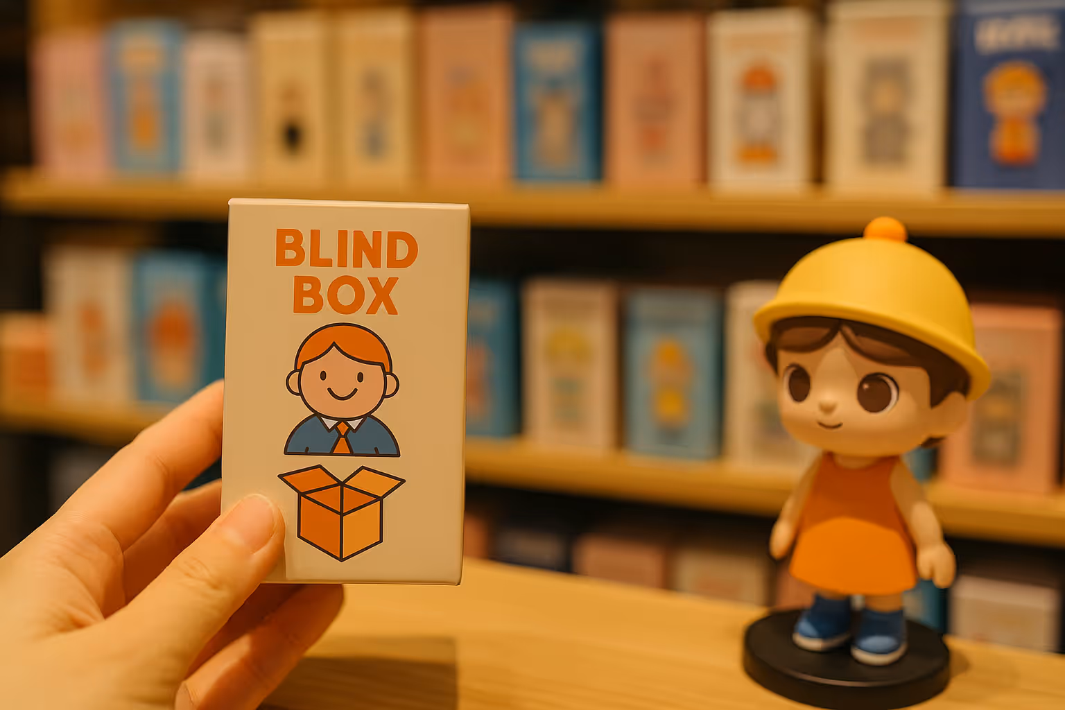 Una mano sosteniendo una blind box a la izquierda mientras una linda figura de la caja está parada sobre la mesa, con toda una pared de blind boxes como fondo