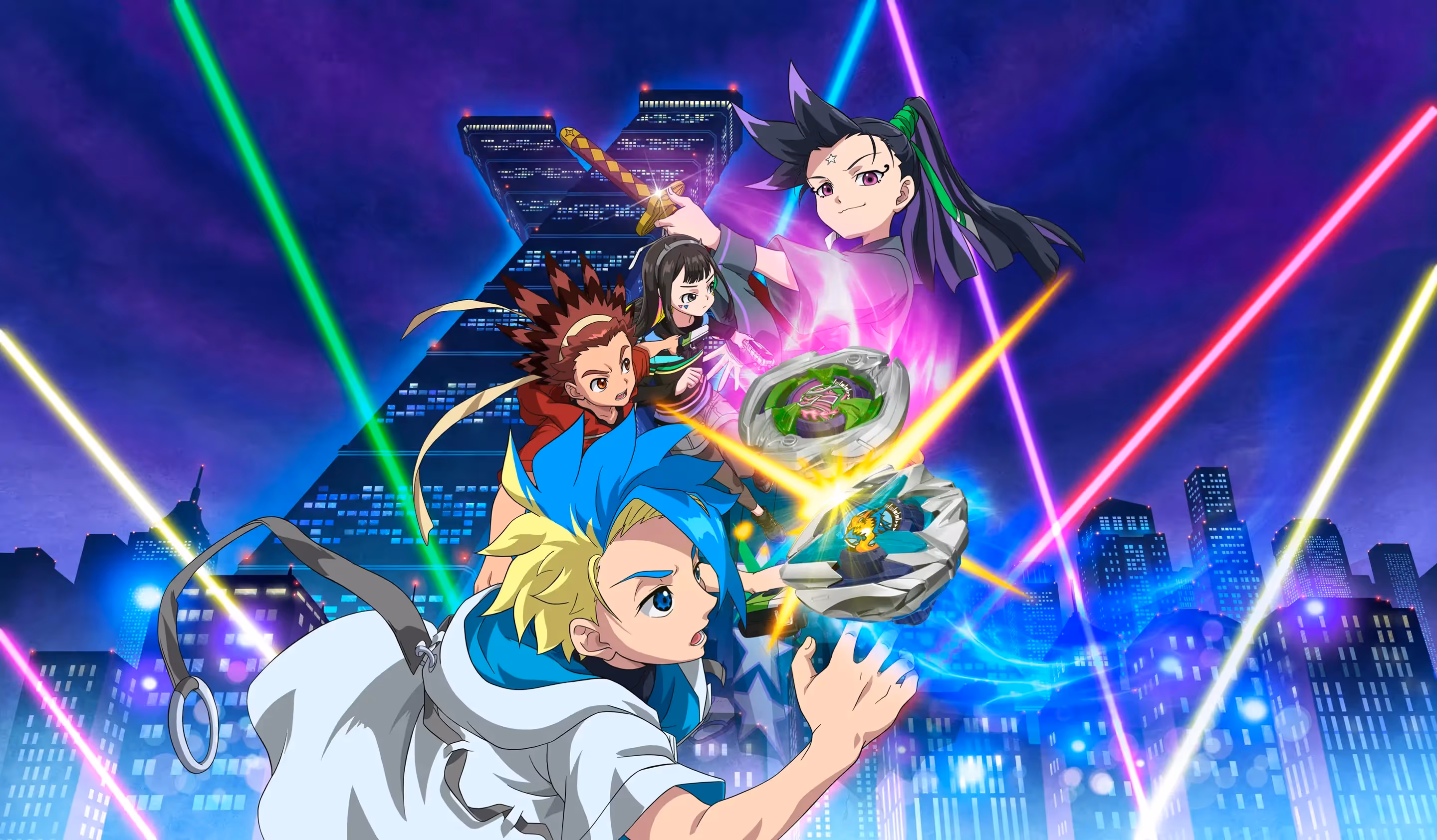 Beyblade X 角色於夜間未來都市中以戰鬥陀螺對戰