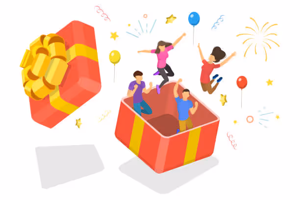 Dua pria dan dua wanita melompat kegirangan di dalam kotak hadiah karena surprise marketing yang mereka terima